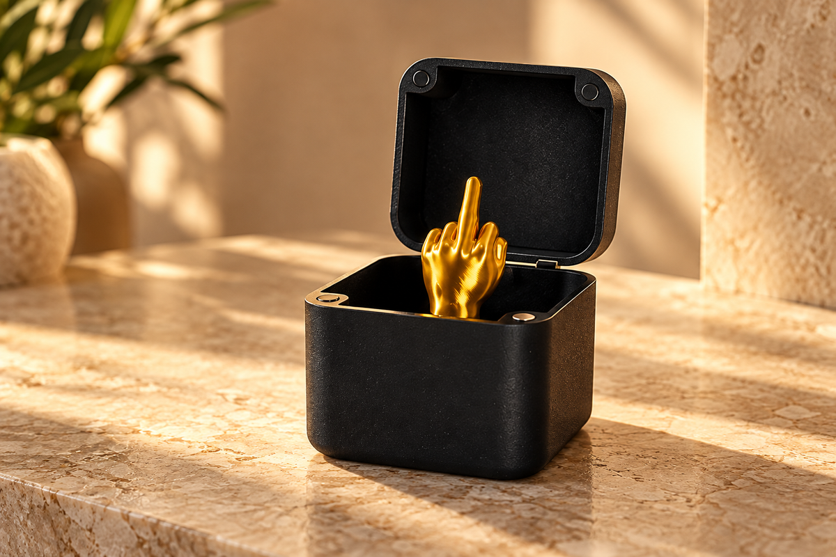 The Golden Gesture: a gold middle finger figurine inside a matte black hinged box